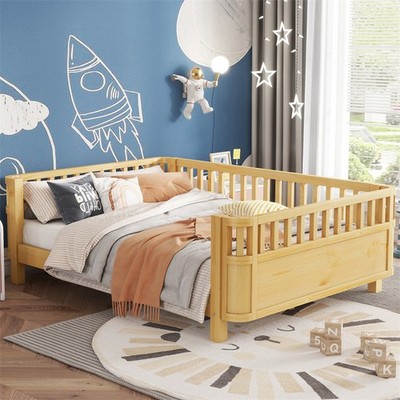 Full Size Wood Platform Bed Low Profile Bed Frame w/Rails for Girls Boys,Natural
