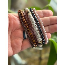 Boho Beaded Stretch Stack Bracelets Set Of 6 Neutral Earth Tones Crystal Lot A11