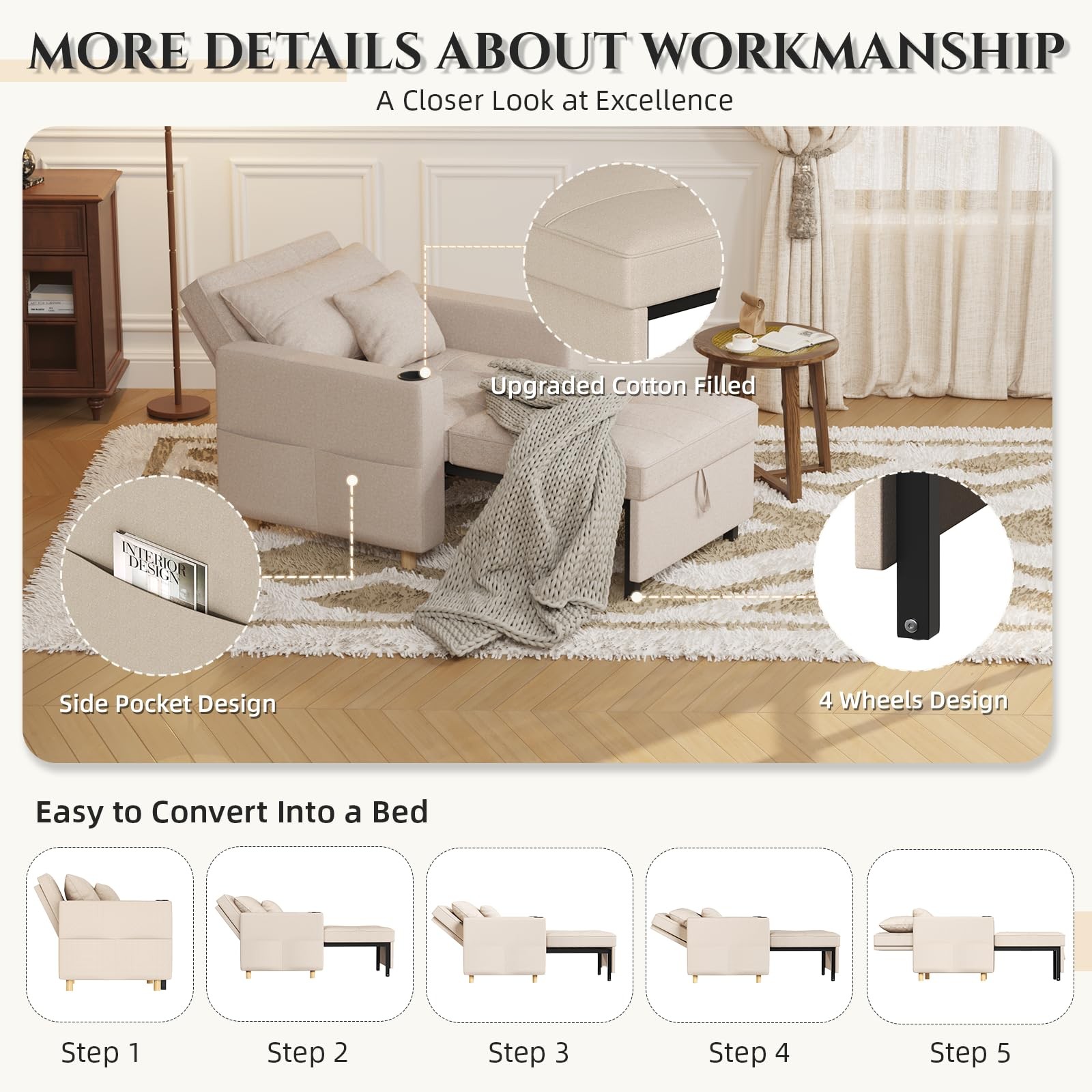 Sleeper Chair Extra Wide Convertible Chair Bed 3-in-1 Pull Out Single Sofa