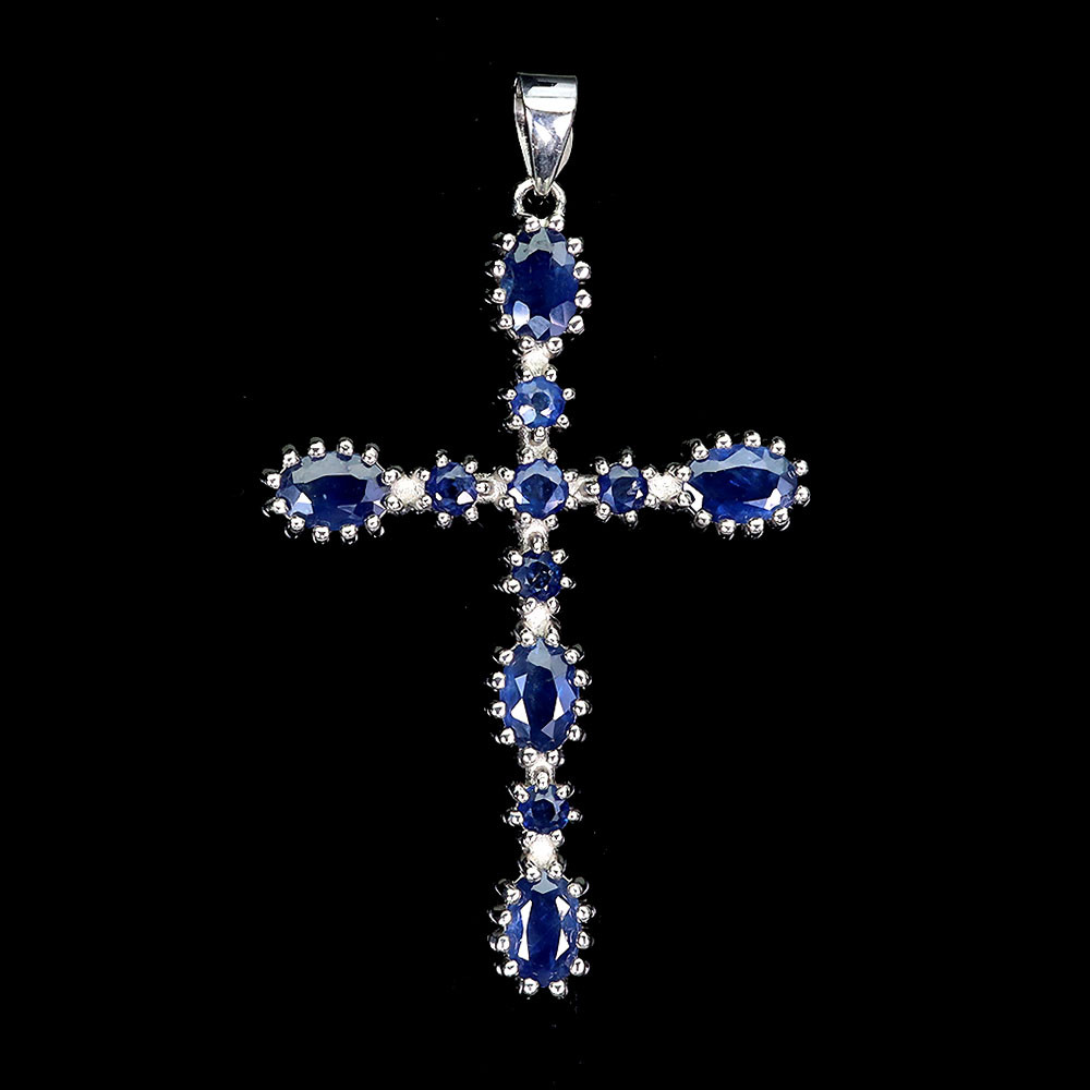 925 Sterling Silver Pendant Oval Blue Sapphire 6x4mm Gemstone Cross Jewelry