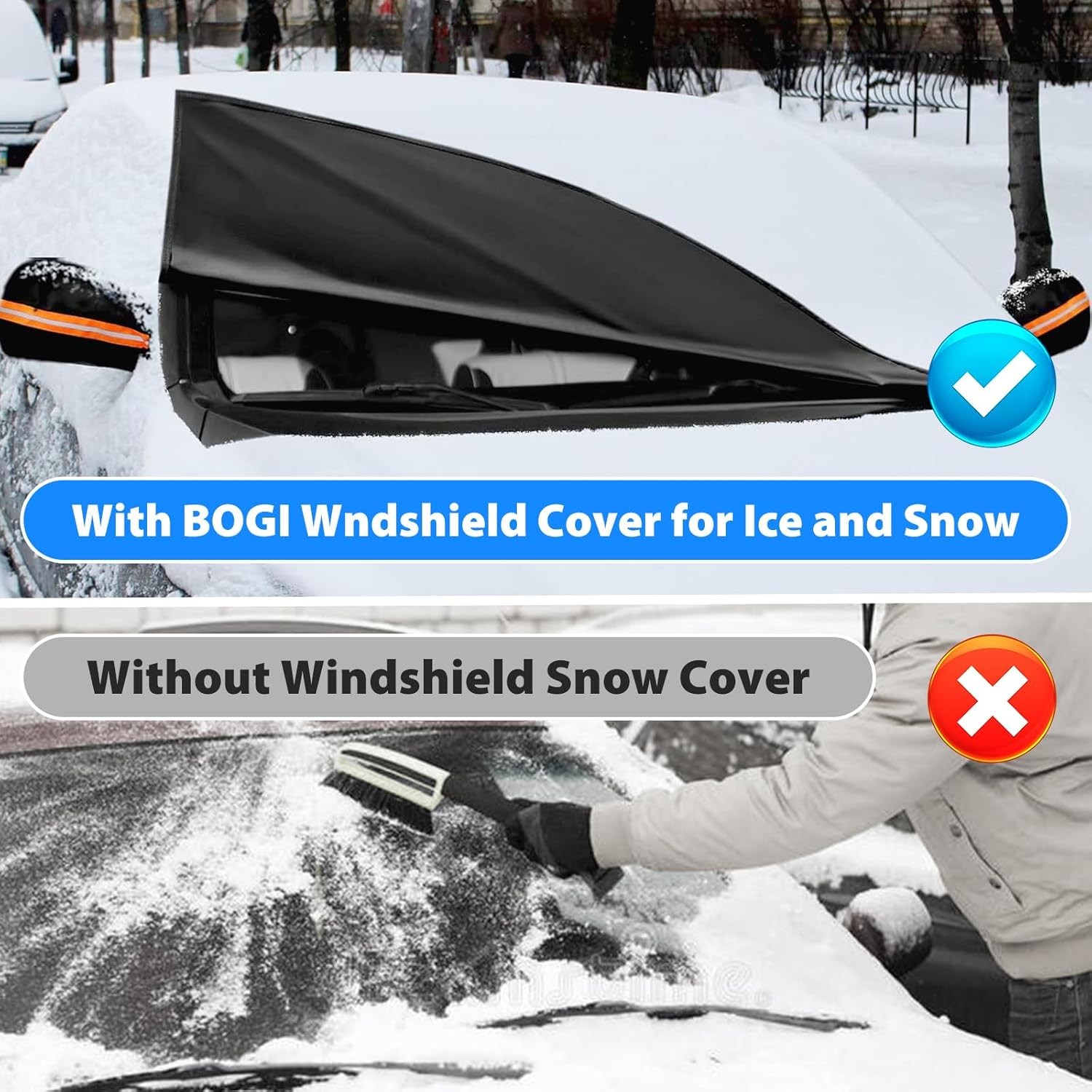 BOGI Windshield Cover for Ice and Snow, Heavy Duty 600D Windshield Snow Cover wi