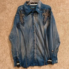 Roar Signature Men's Blue Long Sleeve Button Down Shirt Embroidered Cross L Y2K