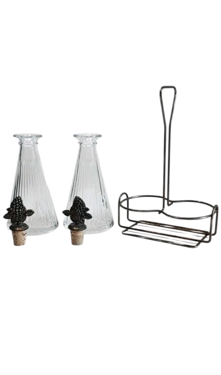 Vintage Crystal Oil & Vinegar Cruet Set In Silver Plated Caddy By Mikasa 