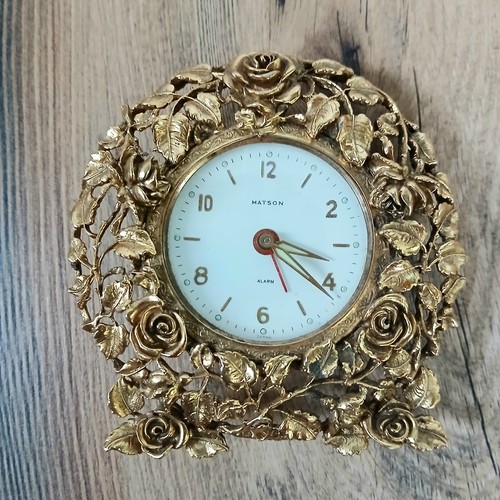 Vintage Matson Gold Ormolu Rose Windup Alarm Clock Vanity Hollywood Regency