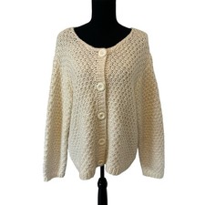 Vintage Chunky Knit Cardigan Sweater Cream White Oversized Wool Size Medium