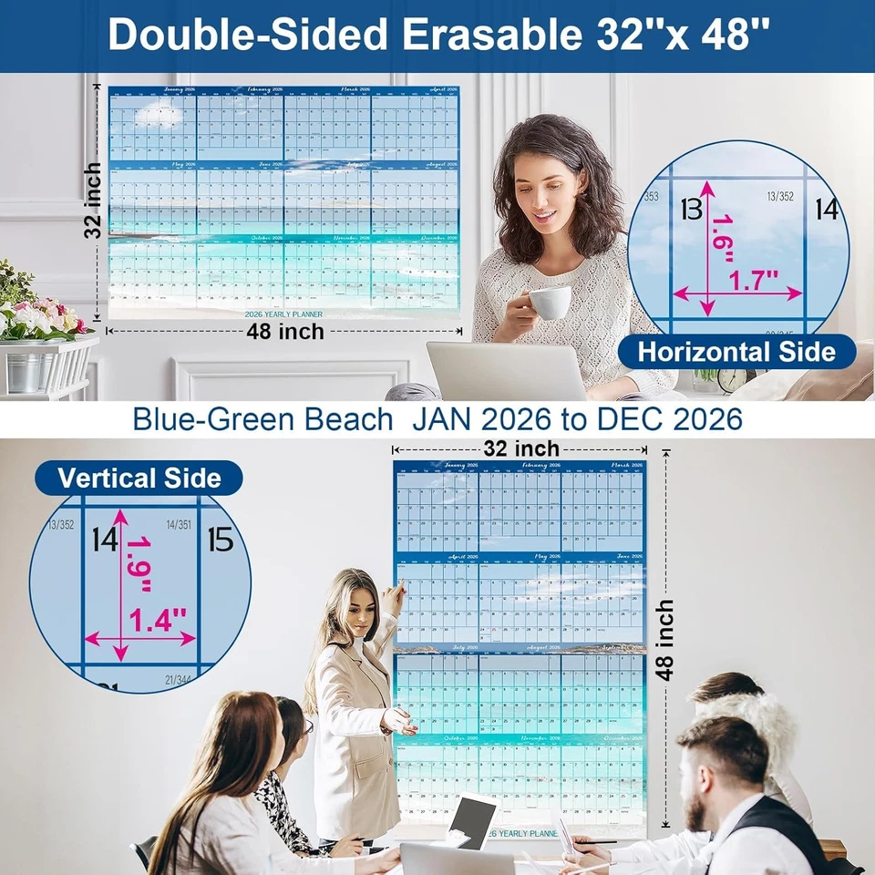 32" X 48" 2026 Wall Calendar Dry Erase - Large Beach Wall Calendar Wet & Dry Era - Image 2 of 4
