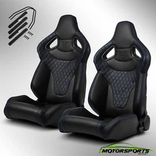 2x Main Black + Blue Stitching PVC Reclinable Left/Right Racing Seats W/Slider