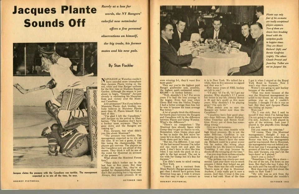 Revista ilustrada de hockey de octubre de 1963, Jacques Plante, New York Rangers BUENO Foto 3 de 4