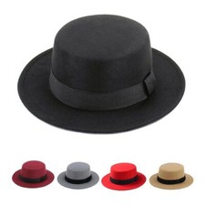 Fedora Gambler Hat Wool Pork Pie Boater Flat Top Felt Wide Brim Winter Cap Round
