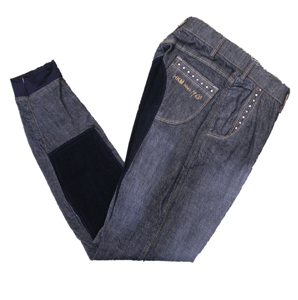 HKM Pantaloni da equitazione Jeans, Pantaloni da equitazione con strass, blu jeans, completi