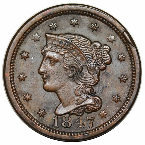 1847 Braided Hair Large Cent, N-12, R3, LDS (c) obverse cud