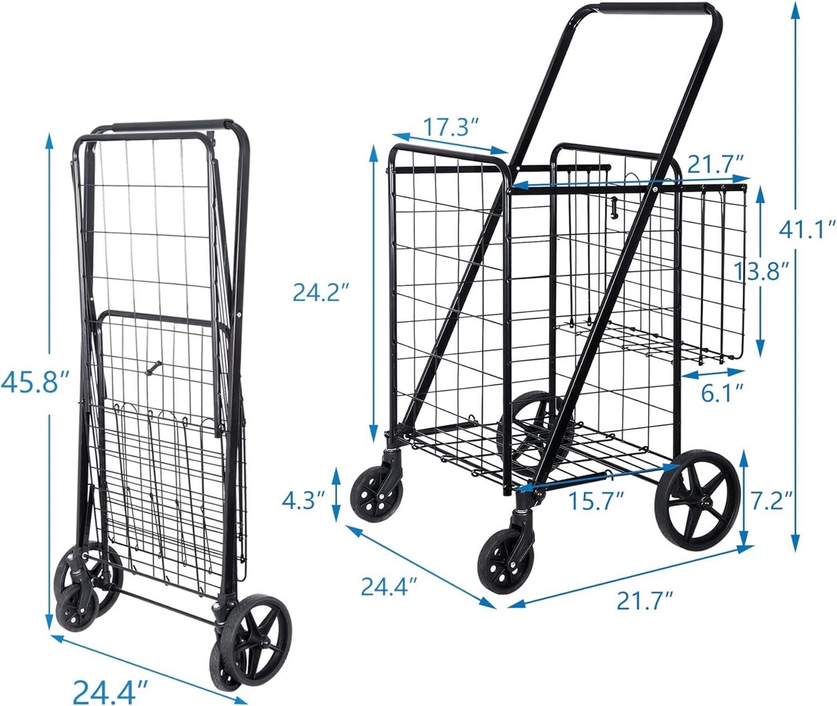 Folding Shopping Cart with Wheels and Double Basket, Grocery