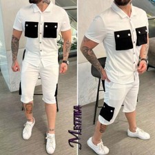 Mens Sweatsuits 2 Piece Short Sleeve Button Shirt Tracksuit Sets Shorts Suits