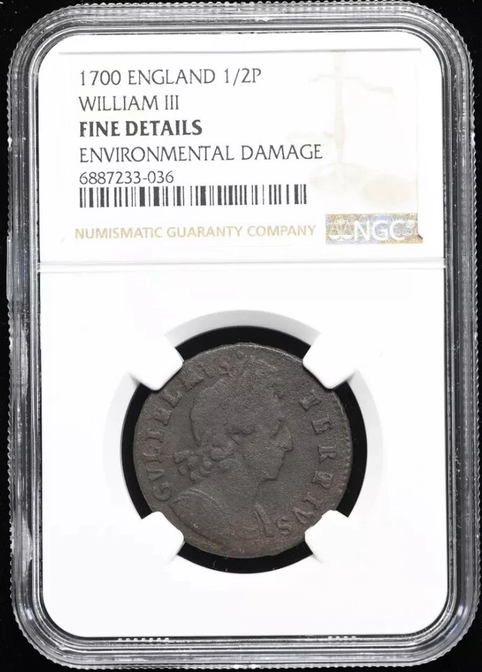 1700 ENGLAND Britain King William III NGC 1/2P Half Pennt Coin 1689-1702 Britain - Image 2 of 4