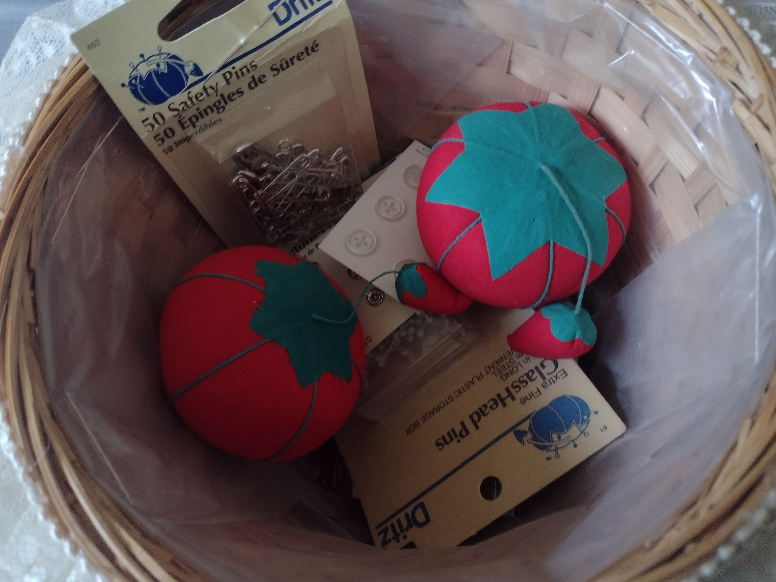 Sewing Basket Round Ornate Decorated White Lace Trim with Accessories