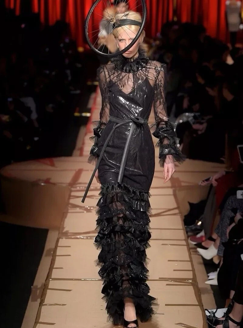 Moschino Couture abito lungo a sirena a strati nero plastificato pizzo 40 6 US