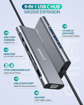 Vako Multiport USB-C-Hub-Adapter 9 in 1 HDMI VGA SD Card inc Micro USB 3.0 2.0