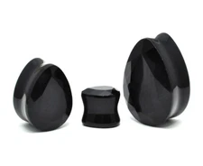 Faceted Black Glass Teardrop Plugs (PG-575) gauges PICK YOUR SIZE