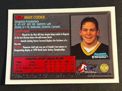 Box 43: 1998 Bowman Chrome REFRACTOR Matt Cooke #11 - Picture 2 of 2