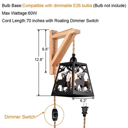 Plug in Wall Light,Rustic Deer Dimmable Wall Sconce with Wood Shelf Bracket,F... - Picture 4 of 8