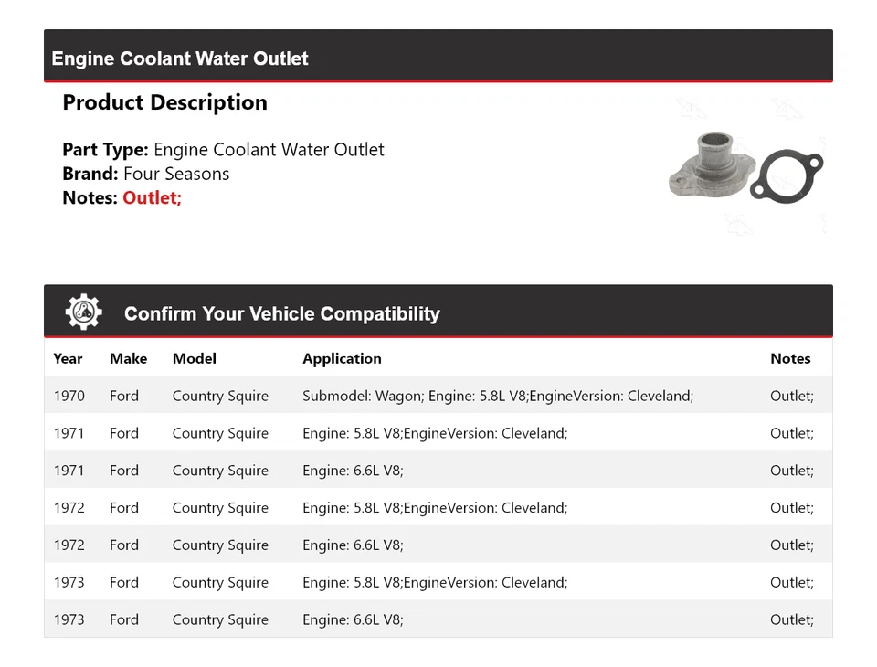 Salida de agua refrigerante motor Ford Country Squire 1970-1973 4 estaciones 1971 Foto 2 de 4