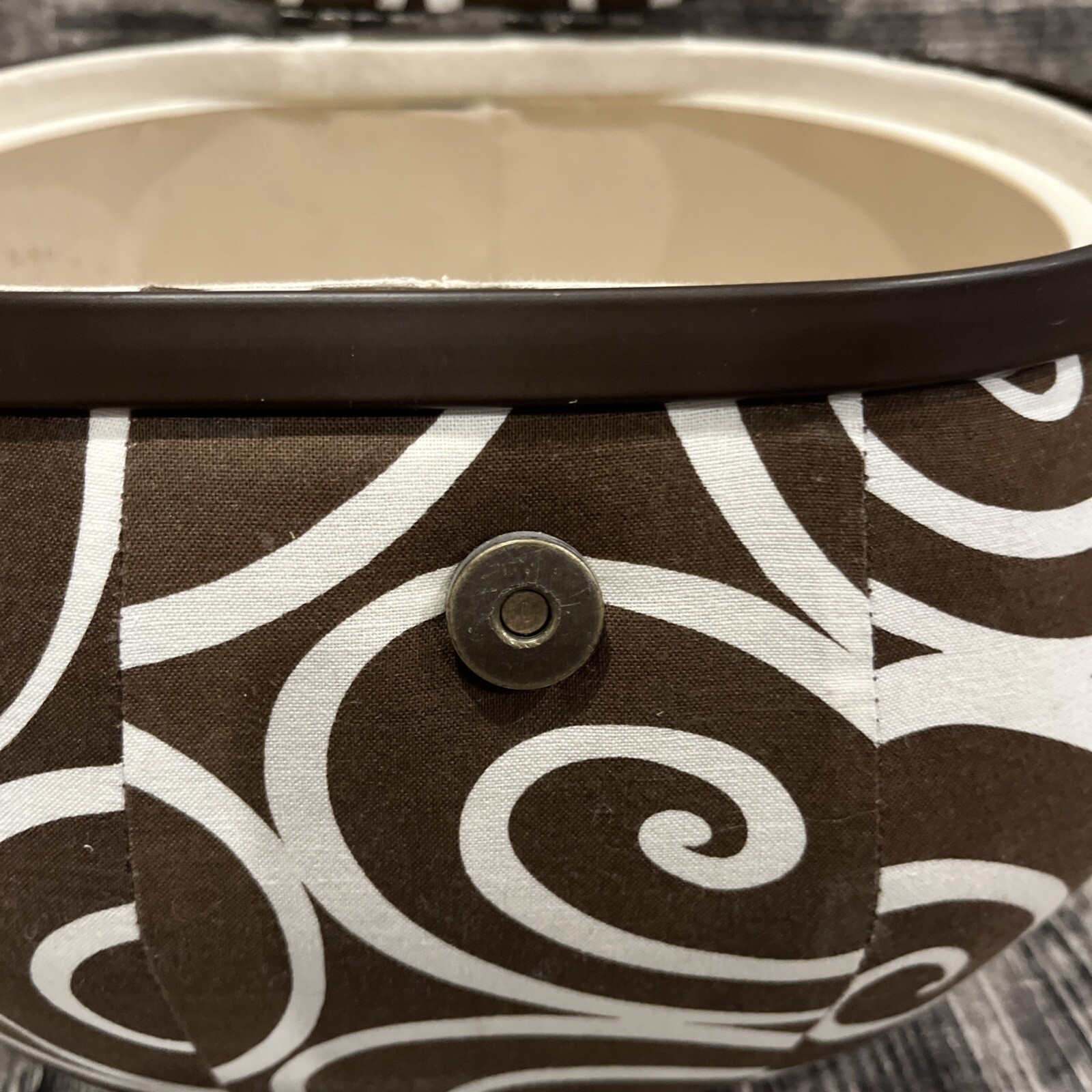Padded Brown Modern Swirl Print Sewing Box with Fun Beaded Handle