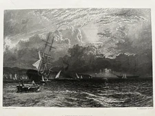 1800s HENRY DAWSON Nautical Engraving "Stormy Sunset"