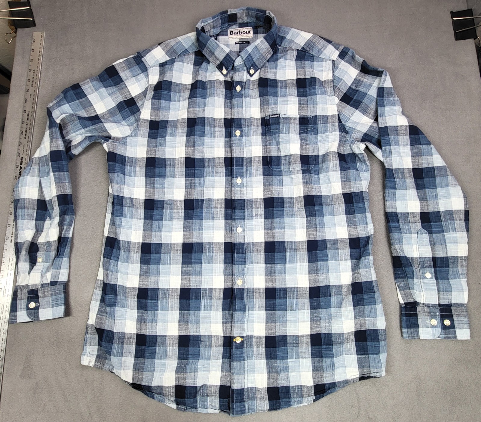 Barbour Flannel Shirt Large Blue WhitePlaid  Cotton Tailored Fit Button Down