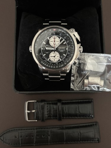 SEIKO Flightmaster SNAB67P1 Chronograph 7T62-0HM0 Pilot Alarm White & Black RARE