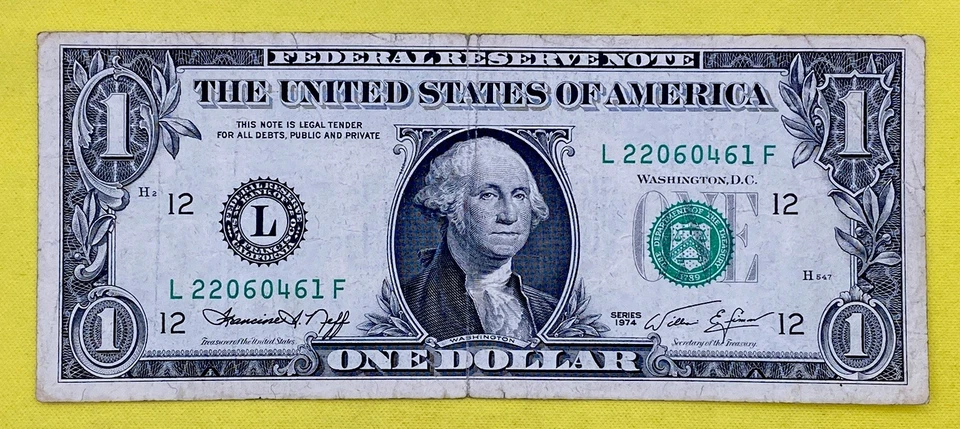 Vintage Series 1974 L 22060461 F Fancy Serial Number One Dollar Bill RARE FRN DC - Image 4 of 4