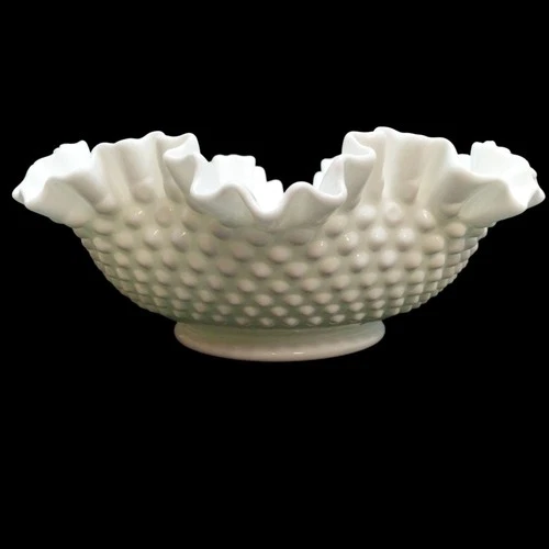 Vintage Fenton Bowl Hobnail White Milk Glass 11" Ruffled Edge