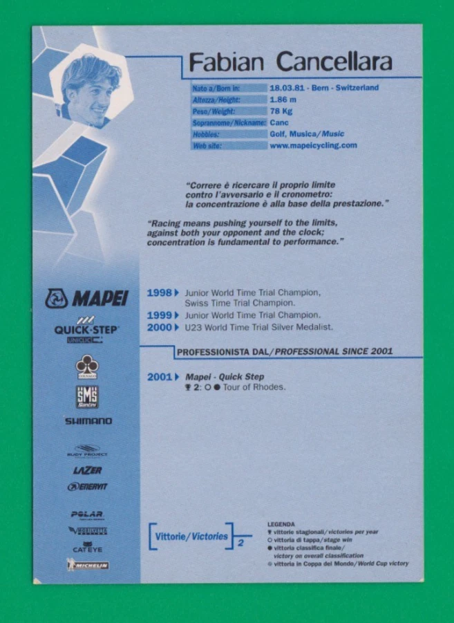 CYCLISME carte  cycliste FABIAN CANCELLARA  équipe MAPEI Quick step 2002 - Photo 2/2