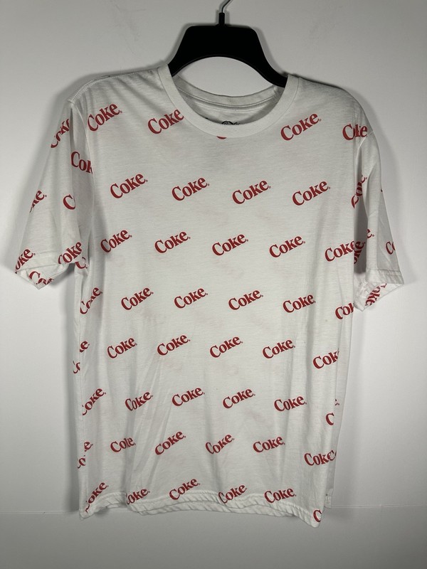 Coca Cola All Over Print White Red Coke Logo T-Shirt - Size Large