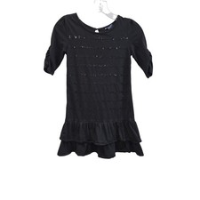 Chaps Girls Black Sequin Ruffle Hem Dress M (8-10) 3/4 Sleeve Keyhole Back 4387