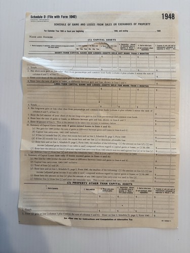 IRS 1948 Tax Form Schedule D Unused READ - For Filing w/ 1040 - Ephemera