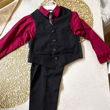 Van Heusen Boys 2T 4-Piece Formal Suit Set Black Vest/Pants Burgundy Shirt Tie