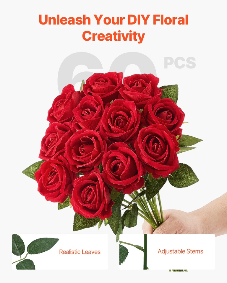 VEVOR 60 Pezzi Rose Bianche Fiori Artificiali Realistico Decorazioni Rosso - Immagine 4 di 4