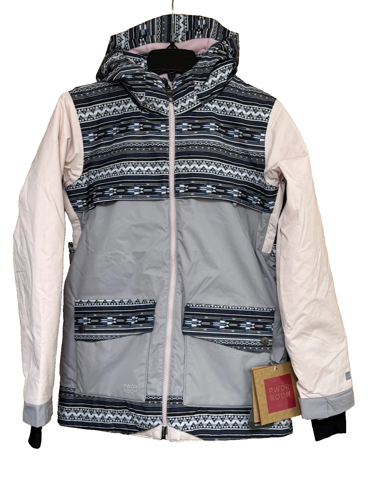 New Girls XL Winter Snowboard Ski Jacket Pewter Black Printed Hooded Snow NWT