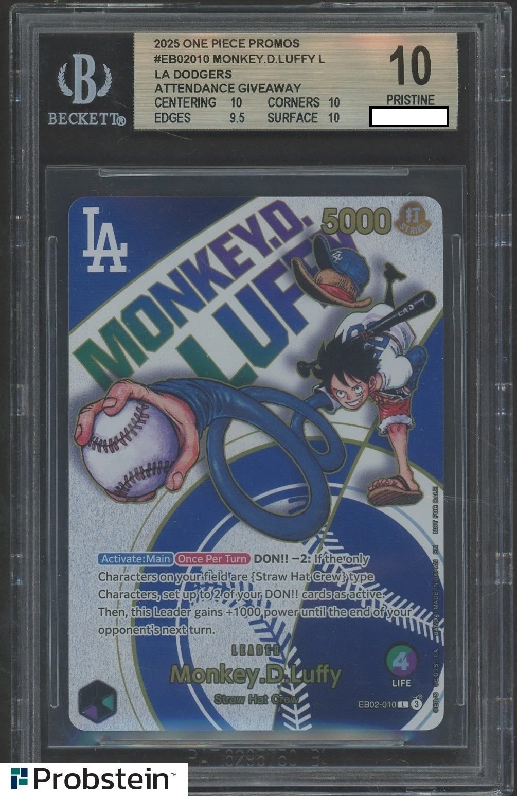 2025 ONE PIECE PROMOS DODGERS X ONE PIECE NIGHT #010 MONKEY D. LUFFY PSA 10