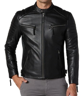 Black Genuine Leather Jacket For Men 100% Real Lambskin Leather Moto Biker Coat