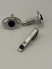 Vintage Dante Lapis Lazuli Cufflinks & Shields Tie Clip Set Silver Tone Blue