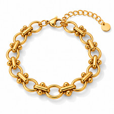 Gold Round Link Chain Bracelet Stainless Steel Beaded Adjustable Women's