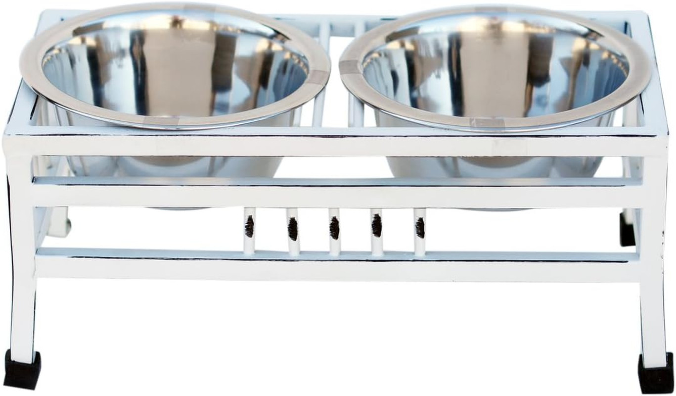 Wrought Iron Dog Diner with Antique Finish - 2 Quart Bowls - Wooden Metal, Hand