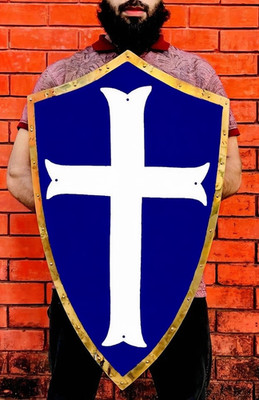 28'' Crusader Knight Heater Shield   Handmade Blue & White Cross Templar Armor