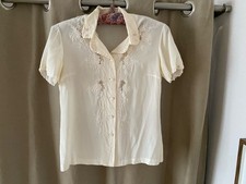 Vintage 60s 70s PEONY Shanghai China Cream SILK BLOUSE hand embroidered FAIR CON