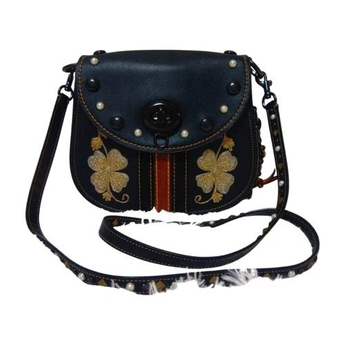 Coach Western Embroidery Saddle Bag Black Leather Studded Clover Glitter 861716 - Picture 3 of 8