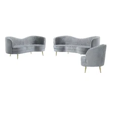 Maklaine 3-Piece Contemporary Velvet Camel Back Sofa Set in Gray