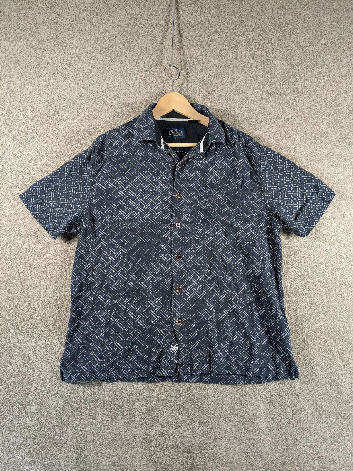 Nat Nast Luxury Originals Shirt Mens Large Black Blue Geometric Silk Button Up