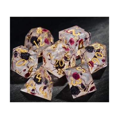 Crystal Maggie Dice Poly Set - Black and Red Rose w/Gold (7) New