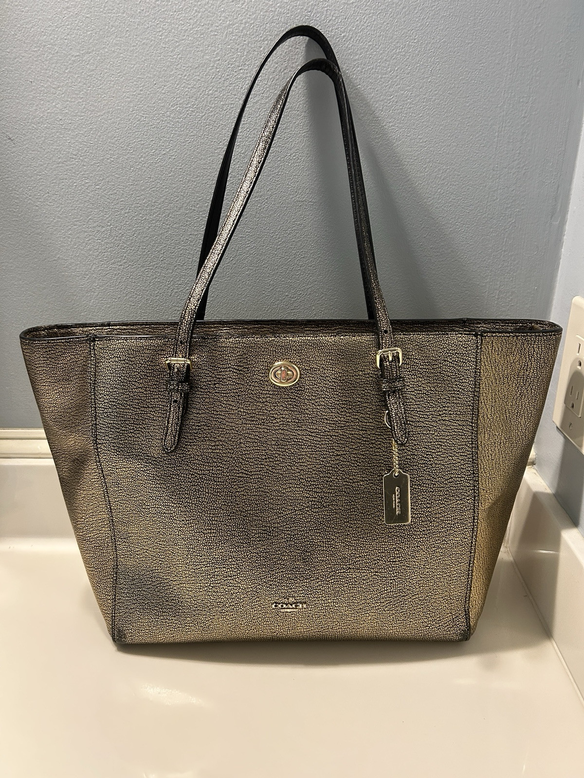 Coach Gold & Black Leather Turn lock Tote